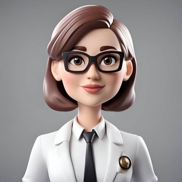 Ilustración renderizada en 3D de una doctora con bata blanca y gafas