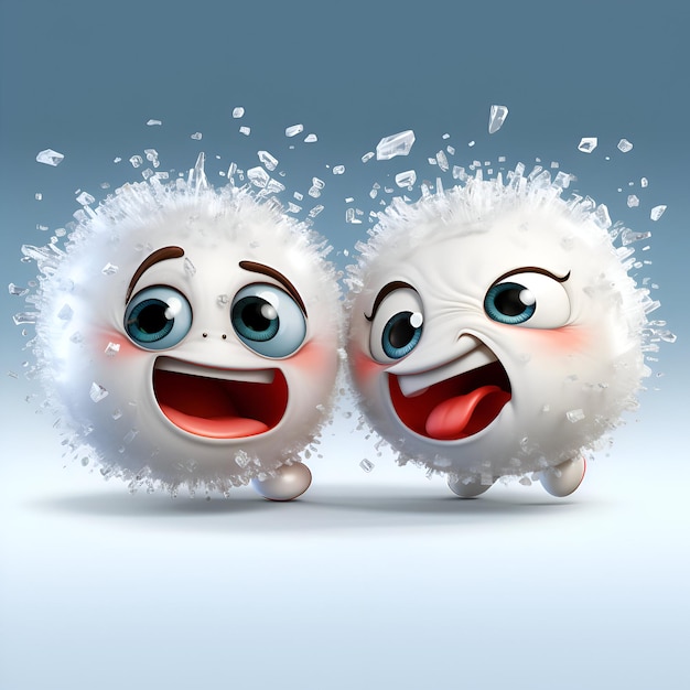 Ilustración renderizada en 3D de dos emoticones blancos divertidos con salpicaduras de agua