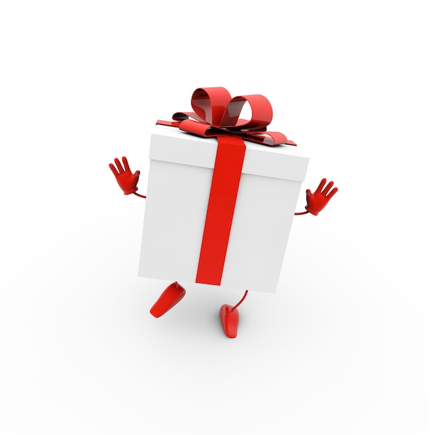 Ilustración de representación 3D de una caja de regalo con un lazo rojo sobre un fondo blanco
