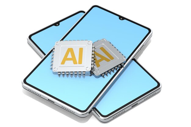 Ilustración de representación 3D de un teléfono inteligente de pantalla azul con chip AI aislado en un fondo blanco