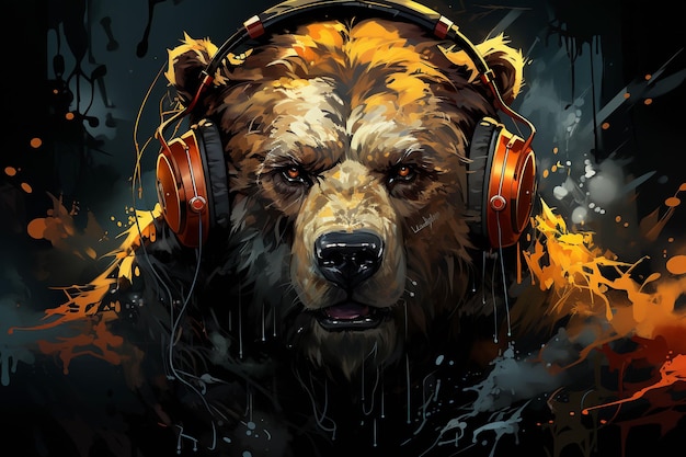 Ilustración de retrato de oso grizzly gruñón en acuarela