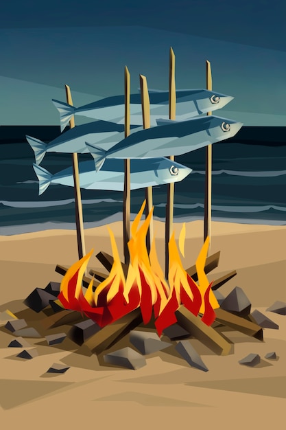 Ilustración de sardinas a la parrilla en la playa