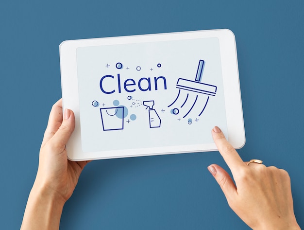 Ilustración del servicio de limpieza del hogar en tableta digital