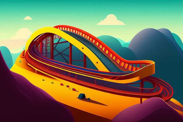 Una ilustración de un tren que atraviesa un paisaje montañoso.