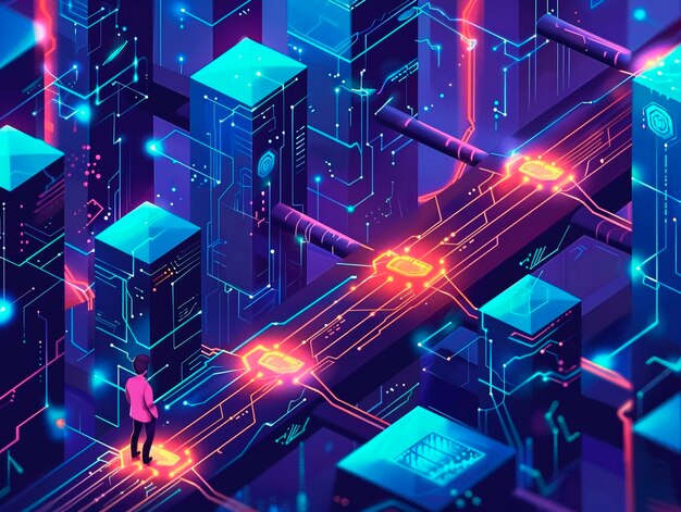 Ilustrasi kartun teknologi Blockchain