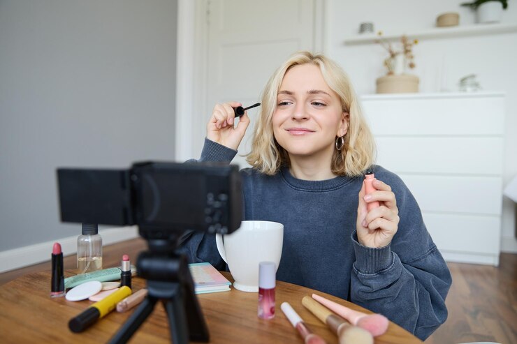 Foto gratuito imagen de una alegre y hermosa joven bloguera de estilo de vida sentada en el suelo y grabando un video sobre