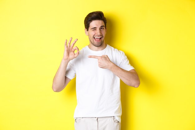 Imagen de un apuesto joven aprueba algo, mostrando un signo bien y un guiño, de pie contra el fondo amarillo.