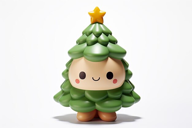 Imagen de un árbol de Navidad de juguete con textura de plástico y cara linda sobre un fondo blanco
