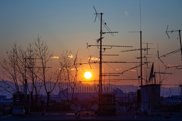 Foto gratuita imagen de árboles y siluetas de antena de televisión en el techo durante la puesta de sol en zagreb en croacia