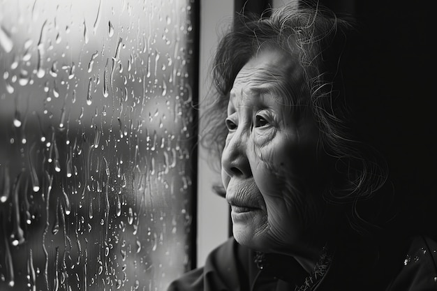 Imagen en blanco y negro de una mujer triste