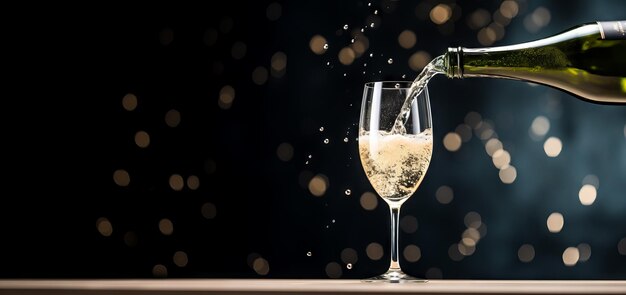 Imagen de celebración con botella de capa llenando vidrio con luces borrosas con luces