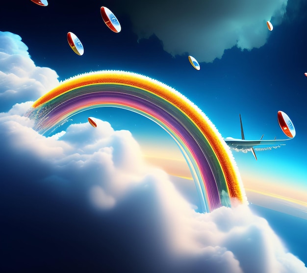 Foto gratuita una imagen colorida de un avión volando a través de las nubes con un arco iris encima.