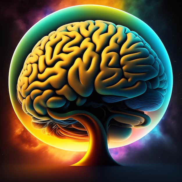 Una imagen colorida de un cerebro con un árbol en el medio.