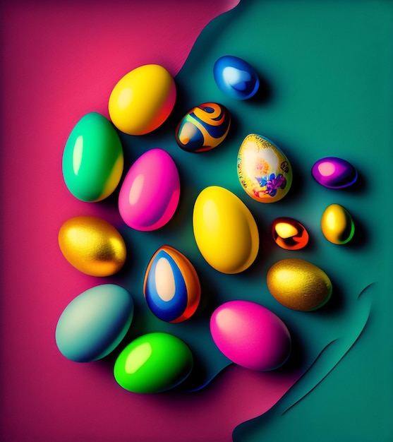 Una imagen colorida de huevos de Pascua sobre un fondo verde y rosa.