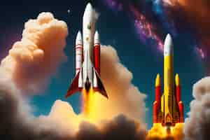 Foto gratuita una imagen colorida de tres cohetes volando en el cielo con las palabras transbordador espacial en la parte inferior.