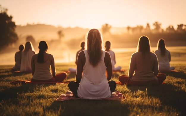 Imagen completa de personas haciendo yoga juntas