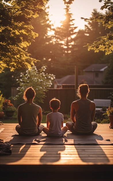 Imagen completa de personas haciendo yoga juntas