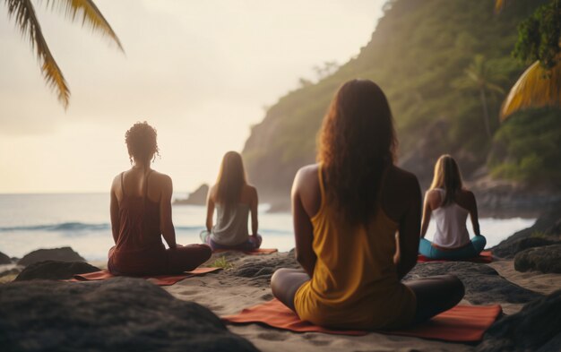 Imagen completa de personas haciendo yoga juntas