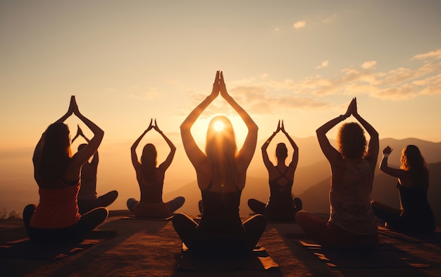Imagen completa de personas haciendo yoga juntas