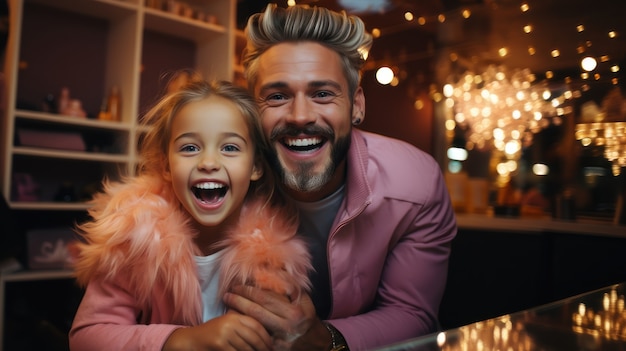 Imagen divertida de padre e hija riendo juntos.