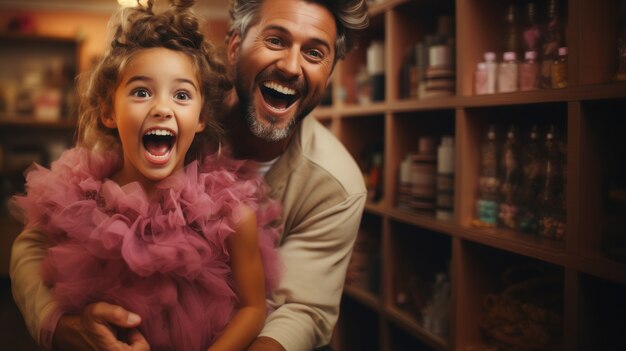 Imagen divertida de padre e hija riendo juntos.