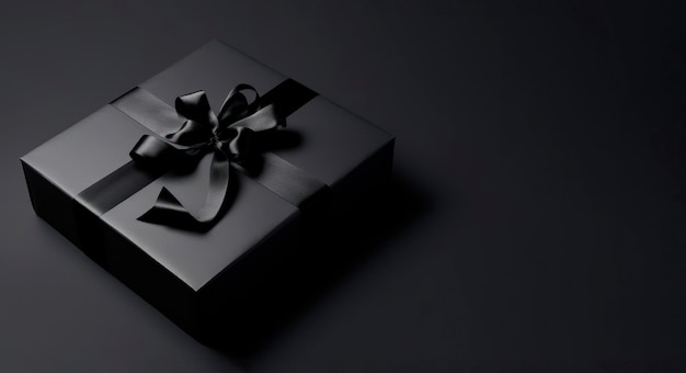 Imagen elegante de caja de regalo negra con cinta sobre un fondo oscuro