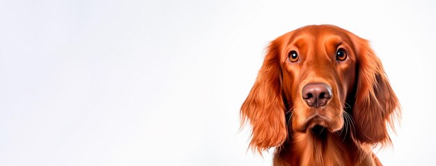 Imagen frontal de un setter irlandés en una pancarta de fondo blanco