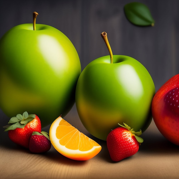 Foto gratuita una imagen de fruta con una manzana verde y una fresa.