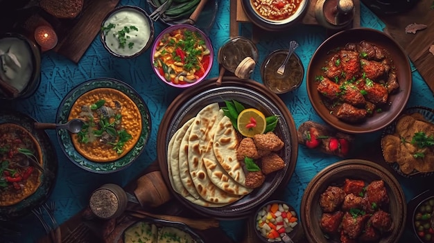 Imagen generada por IA del almuerzo tradicional de Oriente Medio de la fiesta de Iftar
