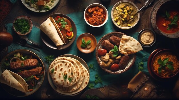 Imagen generada por IA del almuerzo tradicional de Oriente Medio de la fiesta de Iftar