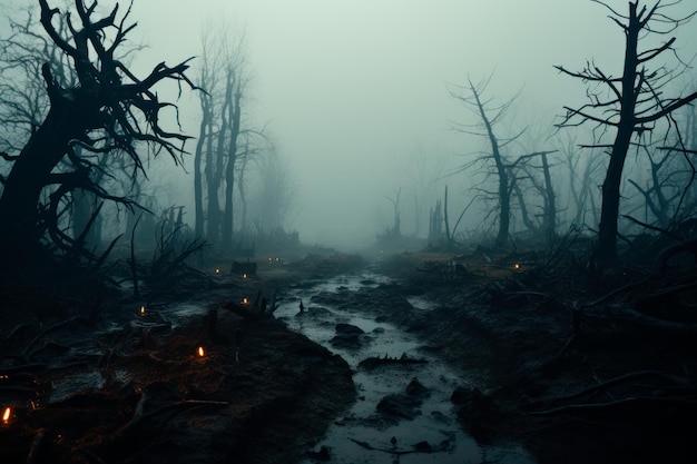 Foto gratuita imagen de halloween de un río oscuro con árboles secos