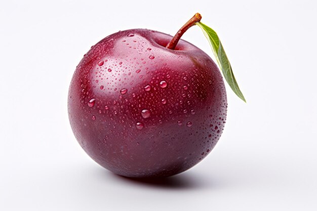 Imagen de una hoja de ciruela roja sobre un fondo blanco.