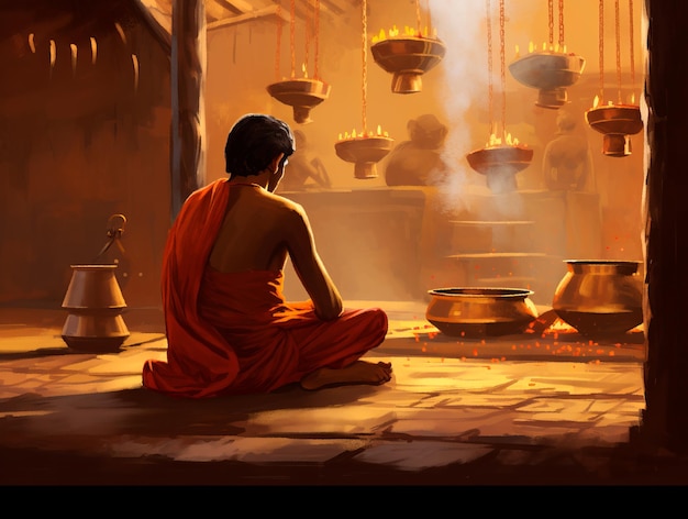 Foto gratuita imagen del hombre sentado en el templo frente a las velas para el festival diwali