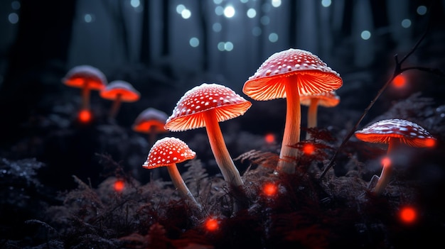 Una imagen de hongos amanita muscaria en estilo neón