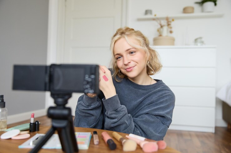 Foto gratuito imagen de una joven bloguera elegante grabando un video de estilo de vida de belleza de ella eligiendo el mejor lápiz labial