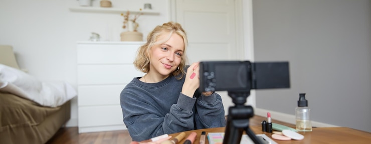 Foto gratuito imagen de una joven bloguera elegante grabando un video de estilo de vida de belleza de ella eligiendo el mejor lápiz labial
