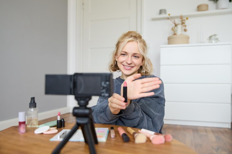 Foto gratuito imagen de una joven creadora de contenido de belleza que se sienta en el suelo de su habitación y graba un video sobre