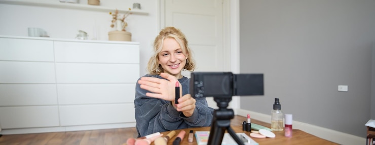 Foto gratuito imagen de una joven creadora de contenido de belleza que se sienta en el suelo de su habitación y graba un video sobre