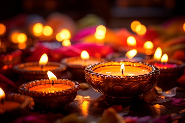 Imagen de linternas de velas en la alfombra para Diwali