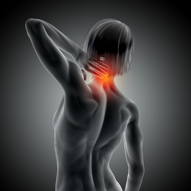 Imagen médica en 3D con cuello de mujer sosteniendo dolor