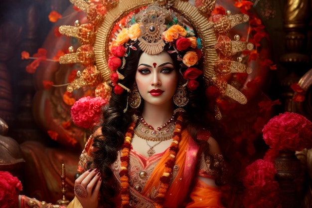 Imagen de mujer india vestida con tela dorada y flores.