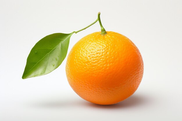 Imagen de una naranja con una hoja sobre un fondo blanco.