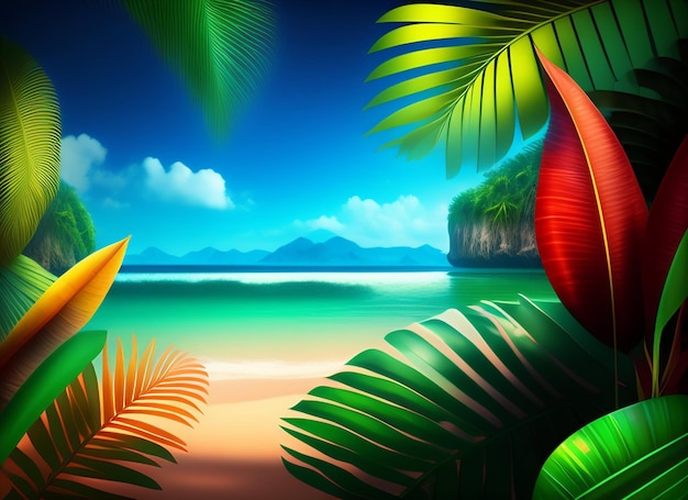 Una imagen de una playa tropical con un cielo azul y una planta de hojas verdes.