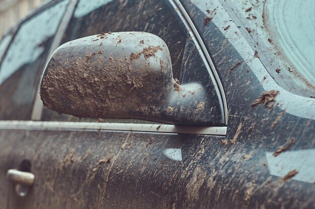 Imagen de primer plano de un coche sucio después de un viaje por el campo