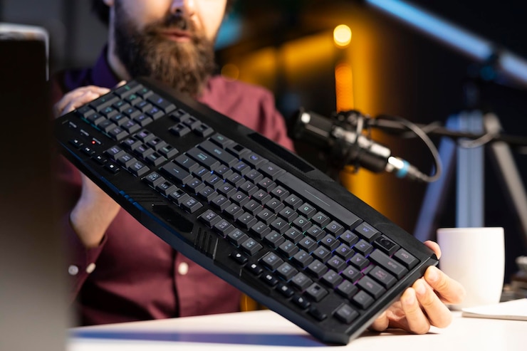 Foto gratuito imagen de primer plano del teclado de juego revisado por un influencer en el estudio