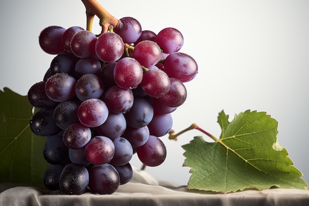 Foto gratuita imagen de un racimo de uvas con hojas sobre una superficie blanca