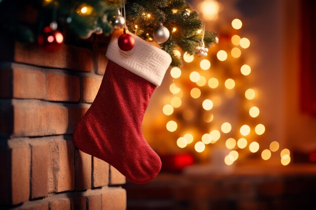 Imagen realista de un calcetín colgado en una chimenea en una habitación con decoraciones navideñas