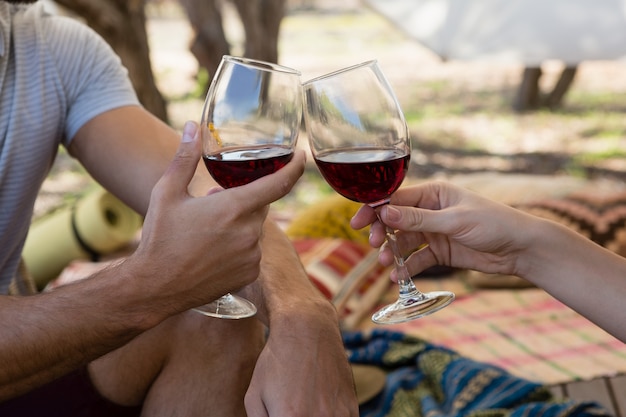 Imagen recortada de una pareja tostando copas de vino