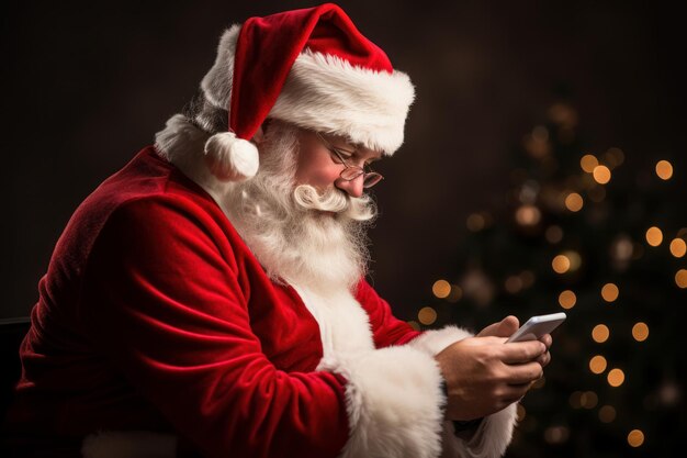 Imagen de Santa Klauss de perfil mirando su smartphone con el árbol de Navidad de fondo