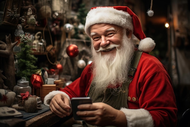 Foto gratuita imagen de santa klauss con smartphone en mano y taller al fondo